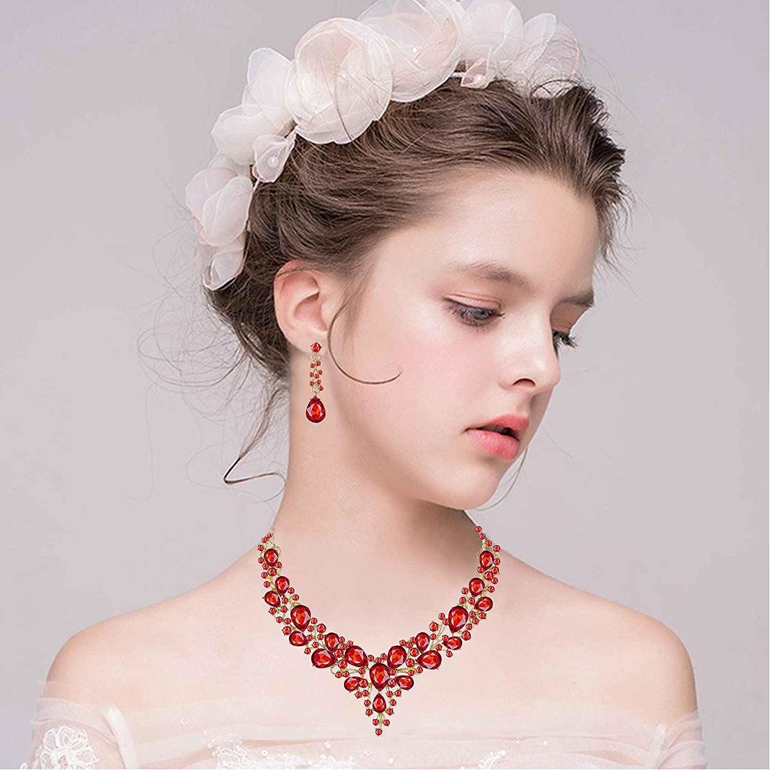 Paxuan Silver/Gold Plated Women Wedding Bridal Jewelry Set Prom Crystal Rhinestone Statement Choker Necklace Teardrop Earrings Link Bracelet Tiaras Crown Jewelry Sets for bride bridesmaid Wedding - Image 2